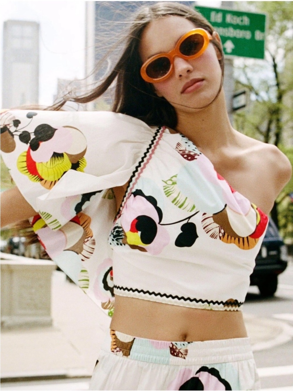 Zara One-Shoulder Floral Print Crop Top in White and Multicolor